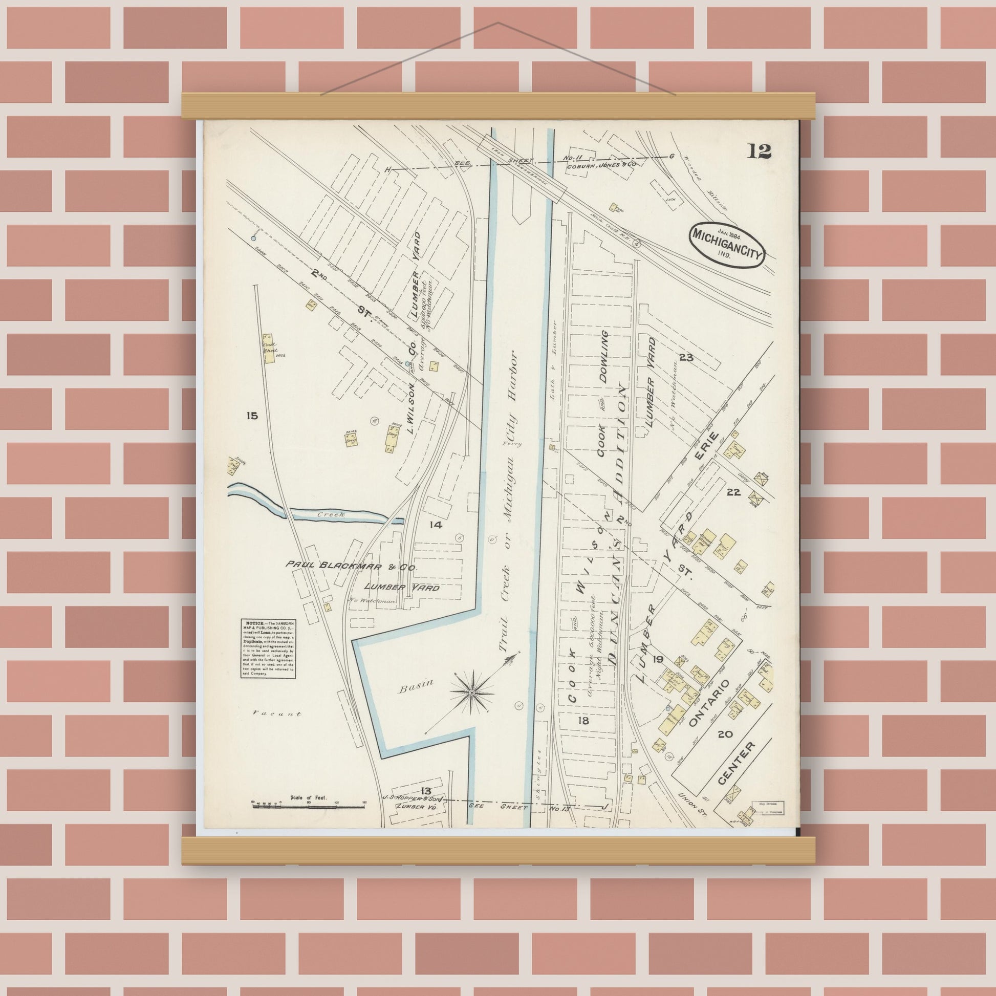 Old map wall art mockup — magnetic wood frame on brick wall — Sanborn Fire Insurance Map from Michigan City, La Porte  County, Indiana (1884), Sheet #0012