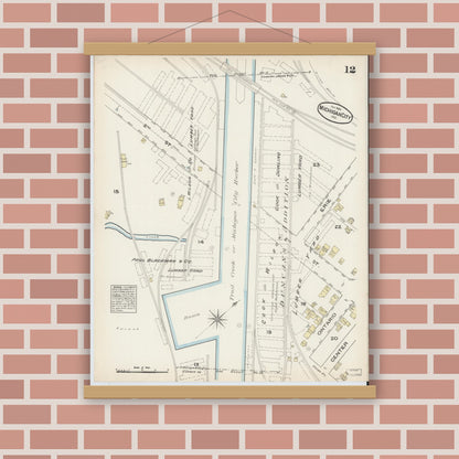 Old map wall art mockup — magnetic wood frame on brick wall — Sanborn Fire Insurance Map from Michigan City, La Porte  County, Indiana (1884), Sheet #0012