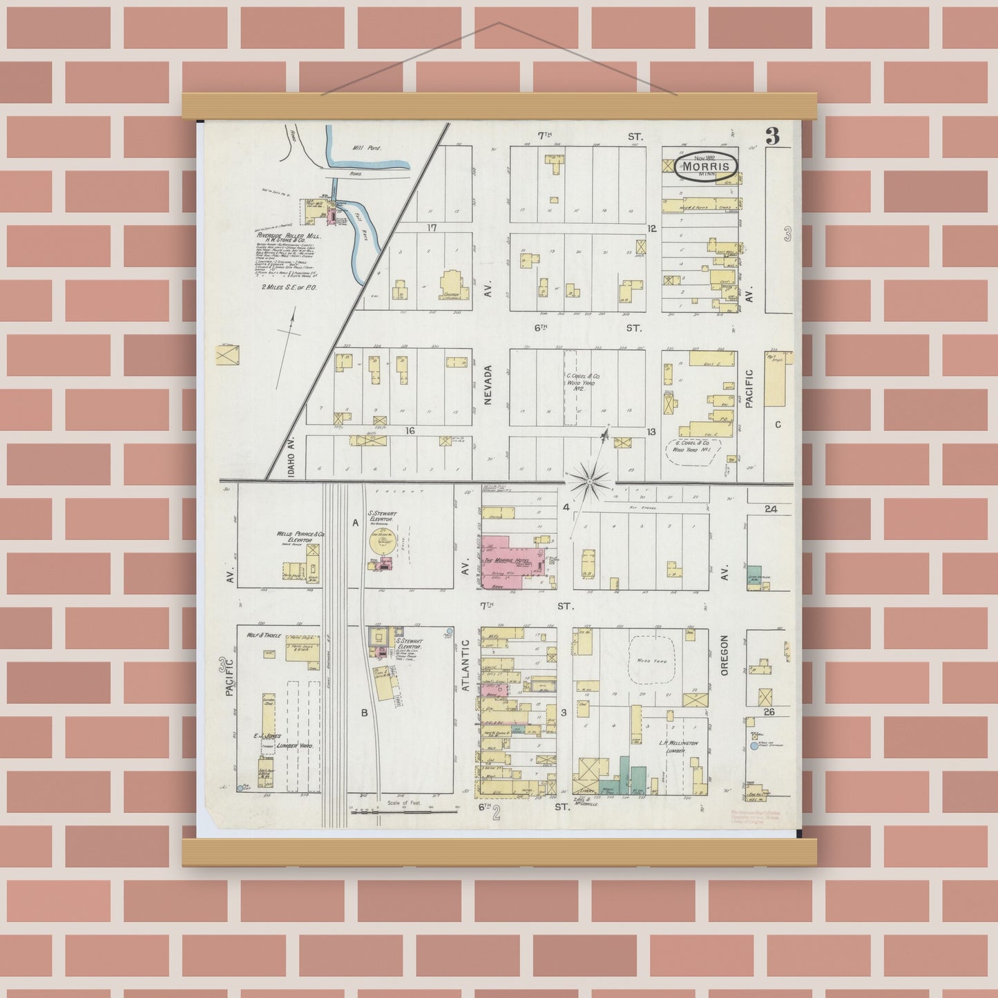 Old map wall art mockup — magnetic wood frame on brick wall — Sanborn Fire Insurance Map from Morris, Stevens County, Minnesota (1892), Sheet #0003