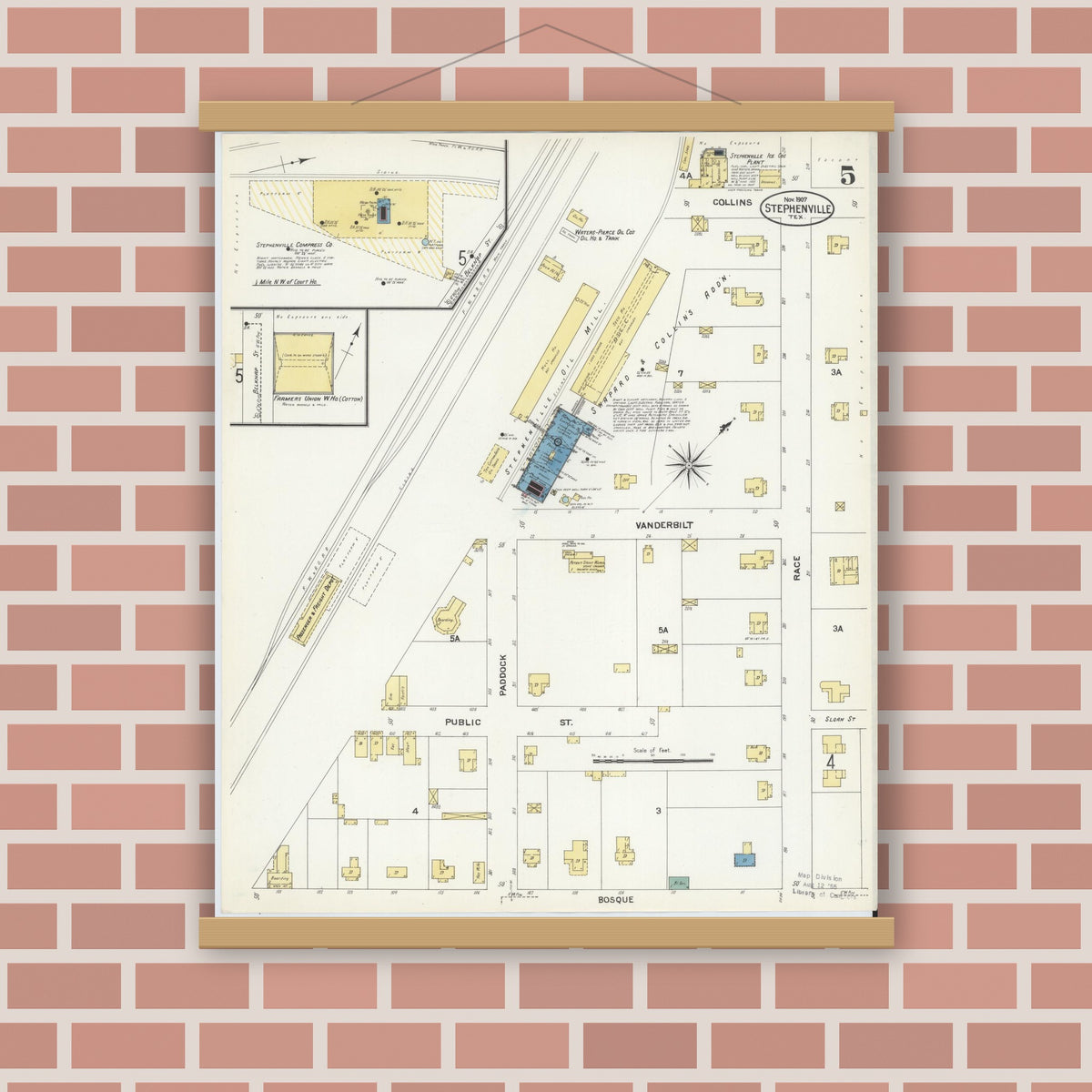 Old map wall art mockup — magnetic wood frame on brick wall — Sanborn Fire Insurance Map from Stephenville, Erath County, Texas (1907), Sheet #0005