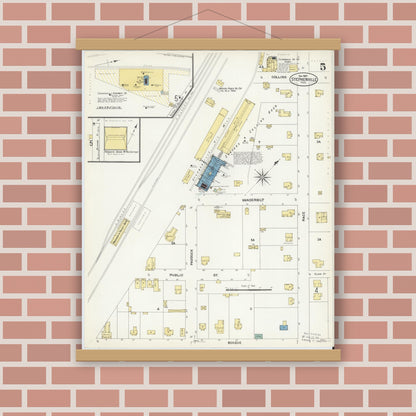 Old map wall art mockup — magnetic wood frame on brick wall — Sanborn Fire Insurance Map from Stephenville, Erath County, Texas (1907), Sheet #0005