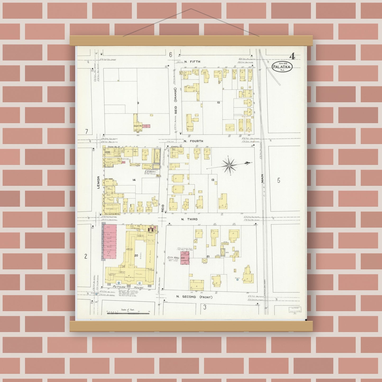 Old map wall art mockup — magnetic wood frame on brick wall — Sanborn Fire Insurance Map from Palatka, Putnam County, Florida (1909), Sheet #0004