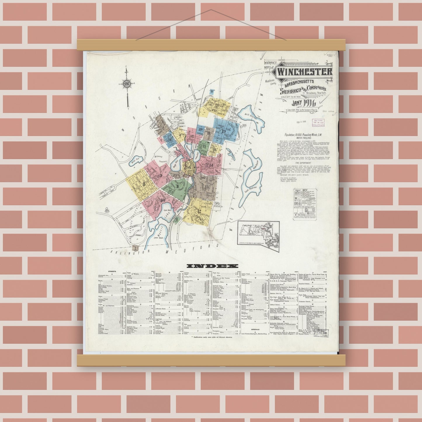 Old map wall art mockup — magnetic wood frame on brick wall — Sanborn Fire Insurance Map from Winchester, Middlesex County, Massachusetts (1916) - Complete Map Set