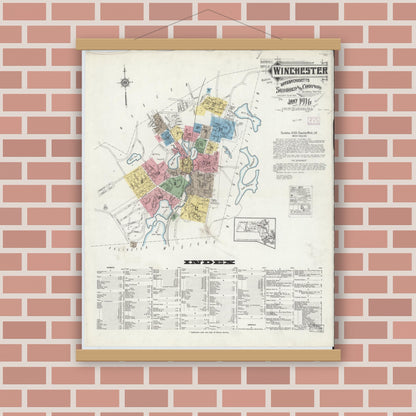 Old map wall art mockup — magnetic wood frame on brick wall — Sanborn Fire Insurance Map from Winchester, Middlesex County, Massachusetts (1916) - Complete Map Set