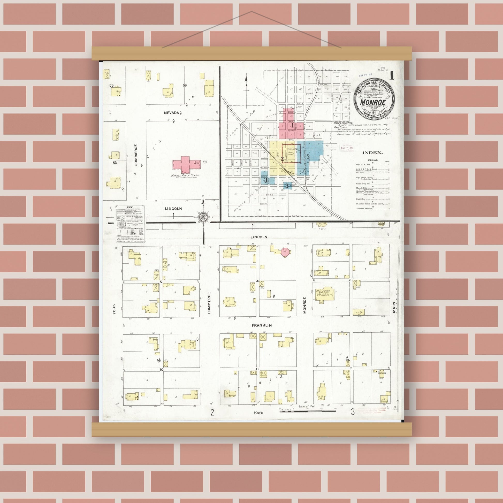 Old map wall art mockup — magnetic wood frame on brick wall — Sanborn Fire Insurance Map from Monroe, Jasper County, Iowa (1911), Sheet #0001