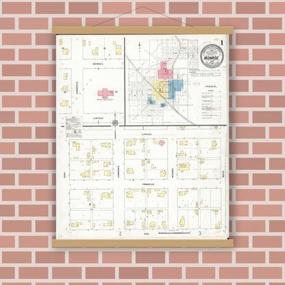 Old map wall art mockup — magnetic wood frame on brick wall — Sanborn Fire Insurance Map from Monroe, Jasper County, Iowa (1911), Sheet #0001