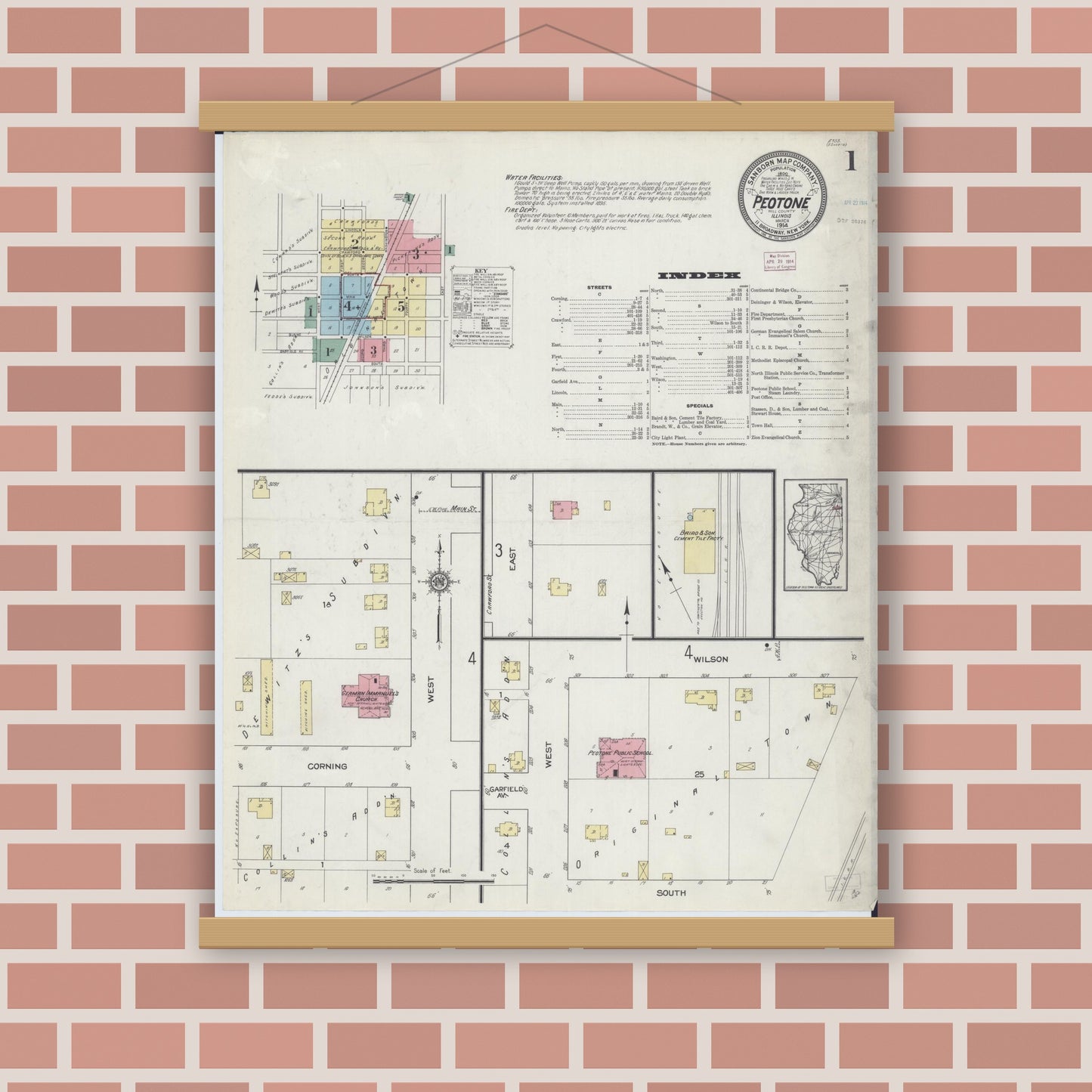 Old map wall art mockup — magnetic wood frame on brick wall — Sanborn Fire Insurance Map from Peotone, Will County, Illinois (1914), Sheet #0001