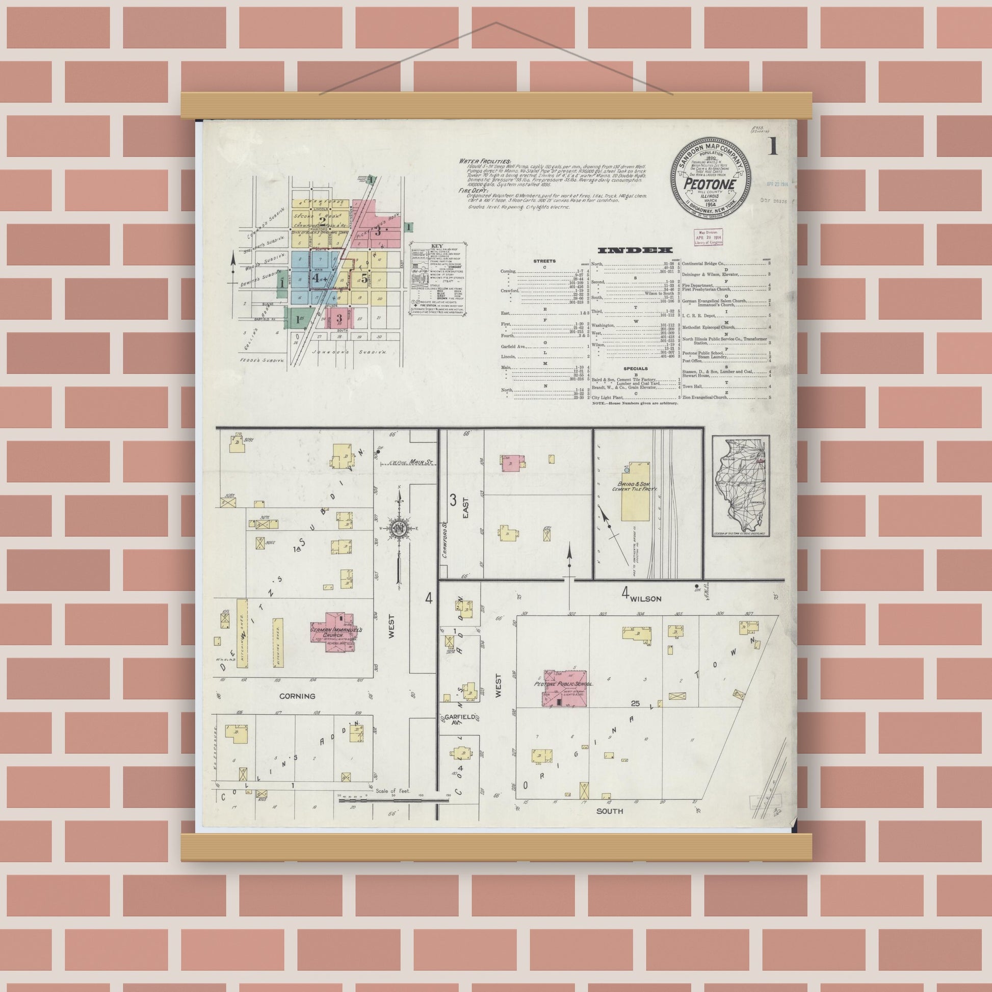 Old map wall art mockup — magnetic wood frame on brick wall — Sanborn Fire Insurance Map from Peotone, Will County, Illinois (1914), Sheet #0001