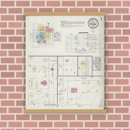 Old map wall art mockup — magnetic wood frame on brick wall — Sanborn Fire Insurance Map from Peotone, Will County, Illinois (1914), Sheet #0001