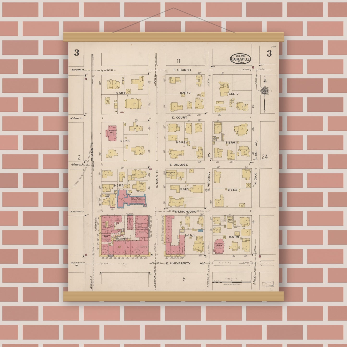 Old map wall art mockup — magnetic wood frame on brick wall — Sanborn Fire Insurance Map from Gainesville, Alachua County, Florida (1922), Sheet #0003