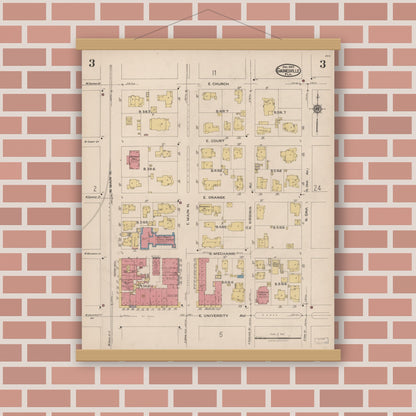 Old map wall art mockup — magnetic wood frame on brick wall — Sanborn Fire Insurance Map from Gainesville, Alachua County, Florida (1922), Sheet #0003