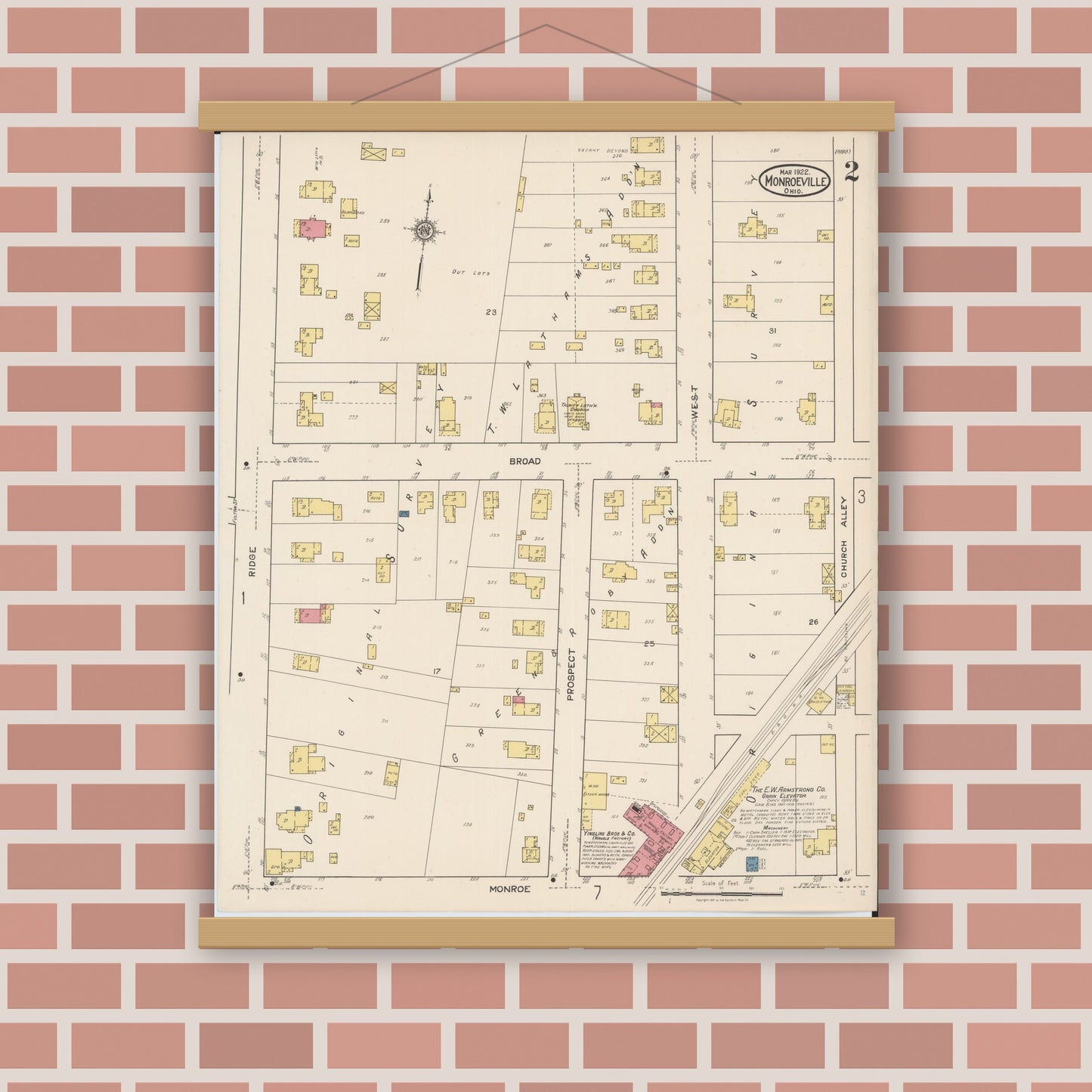 Old map wall art mockup — magnetic wood frame on brick wall — Sanborn Fire Insurance Map from Monroeville, Huron County, Ohio (1922), Sheet #0002