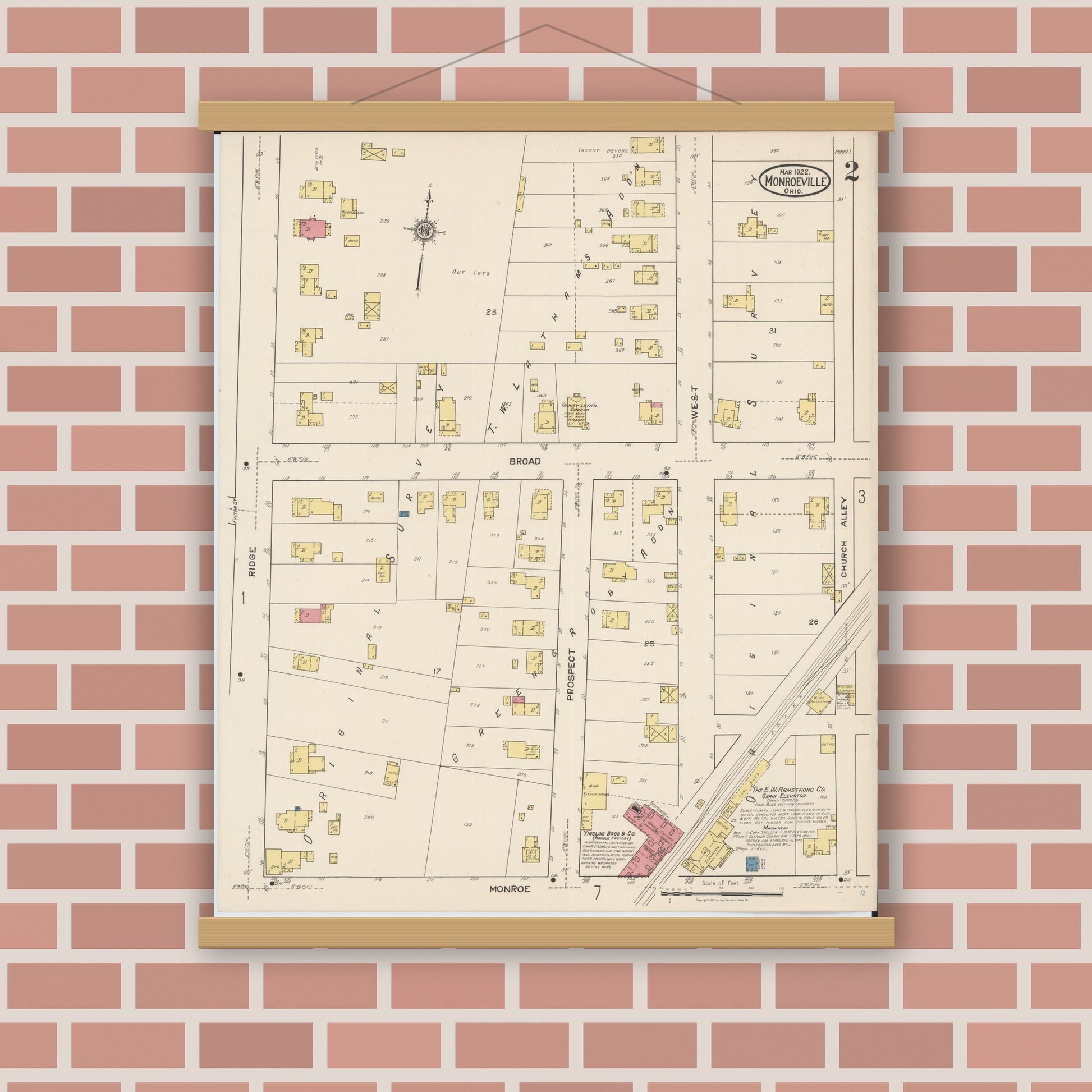 Old map wall art mockup — magnetic wood frame on brick wall — Sanborn Fire Insurance Map from Monroeville, Huron County, Ohio (1922), Sheet #0002