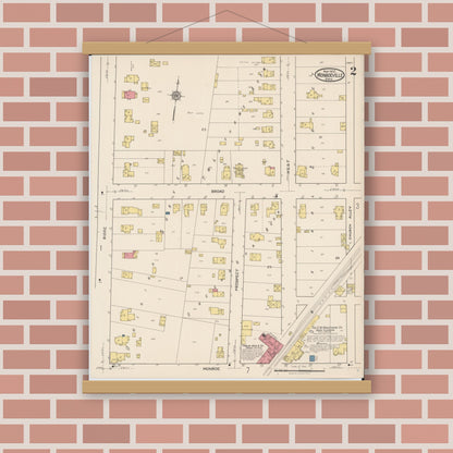 Old map wall art mockup — magnetic wood frame on brick wall — Sanborn Fire Insurance Map from Monroeville, Huron County, Ohio (1922), Sheet #0002