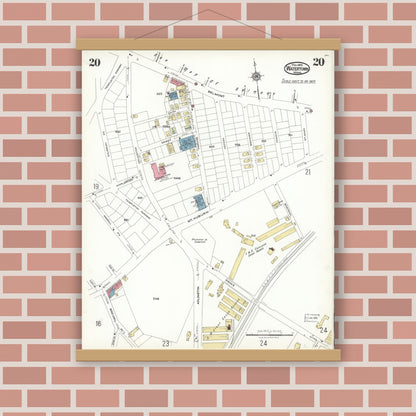 Old map wall art mockup — magnetic wood frame on brick wall — Sanborn Fire Insurance Map from Watertown, Middlesex County, Massachusetts (1923), Sheet #0020
