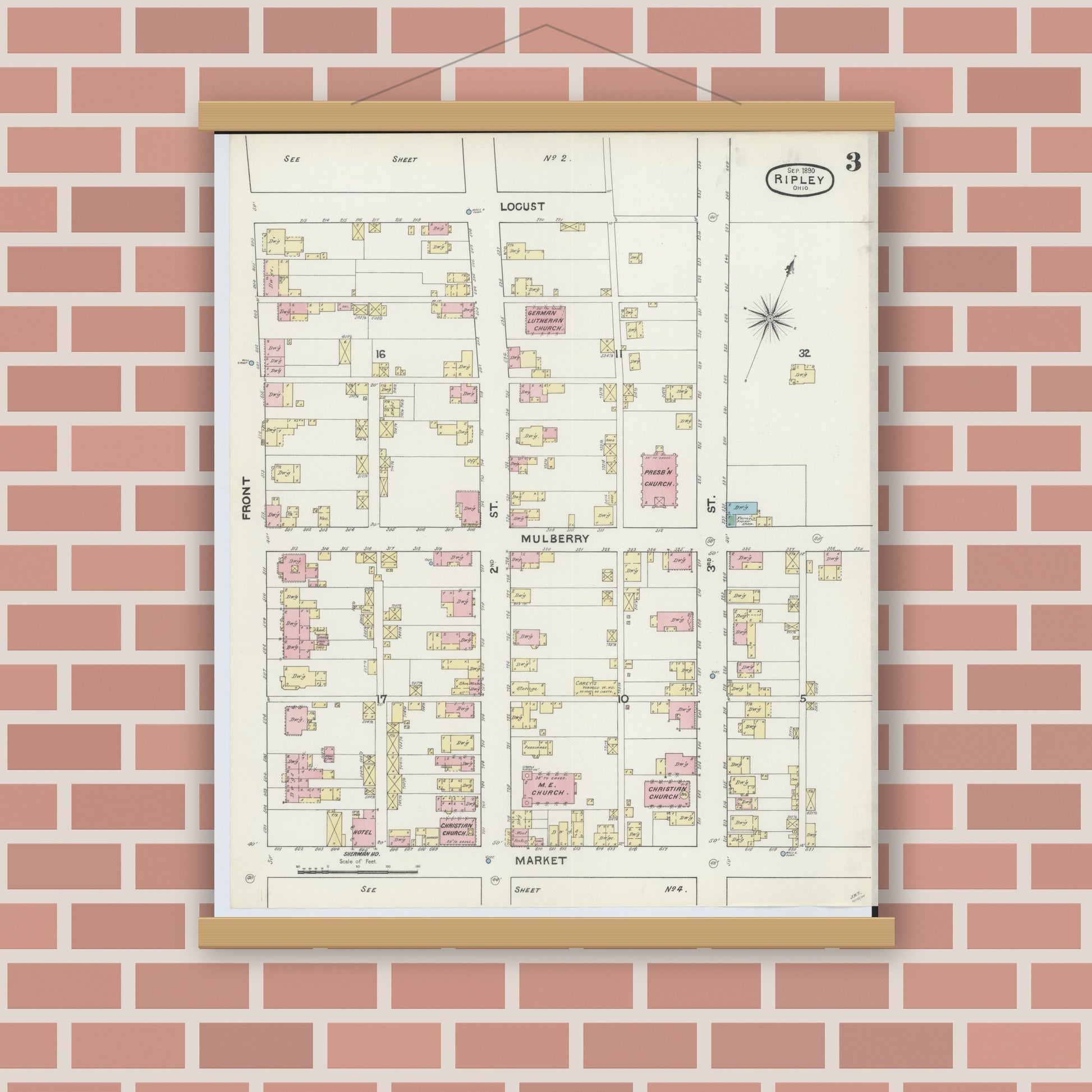 Old map wall art mockup — magnetic wood frame on brick wall — Sanborn Fire Insurance Map from Ripley, Brown County, Ohio (1890), Sheet #0003