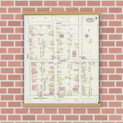 Old map wall art mockup — magnetic wood frame on brick wall — Sanborn Fire Insurance Map from Ripley, Brown County, Ohio (1890), Sheet #0003