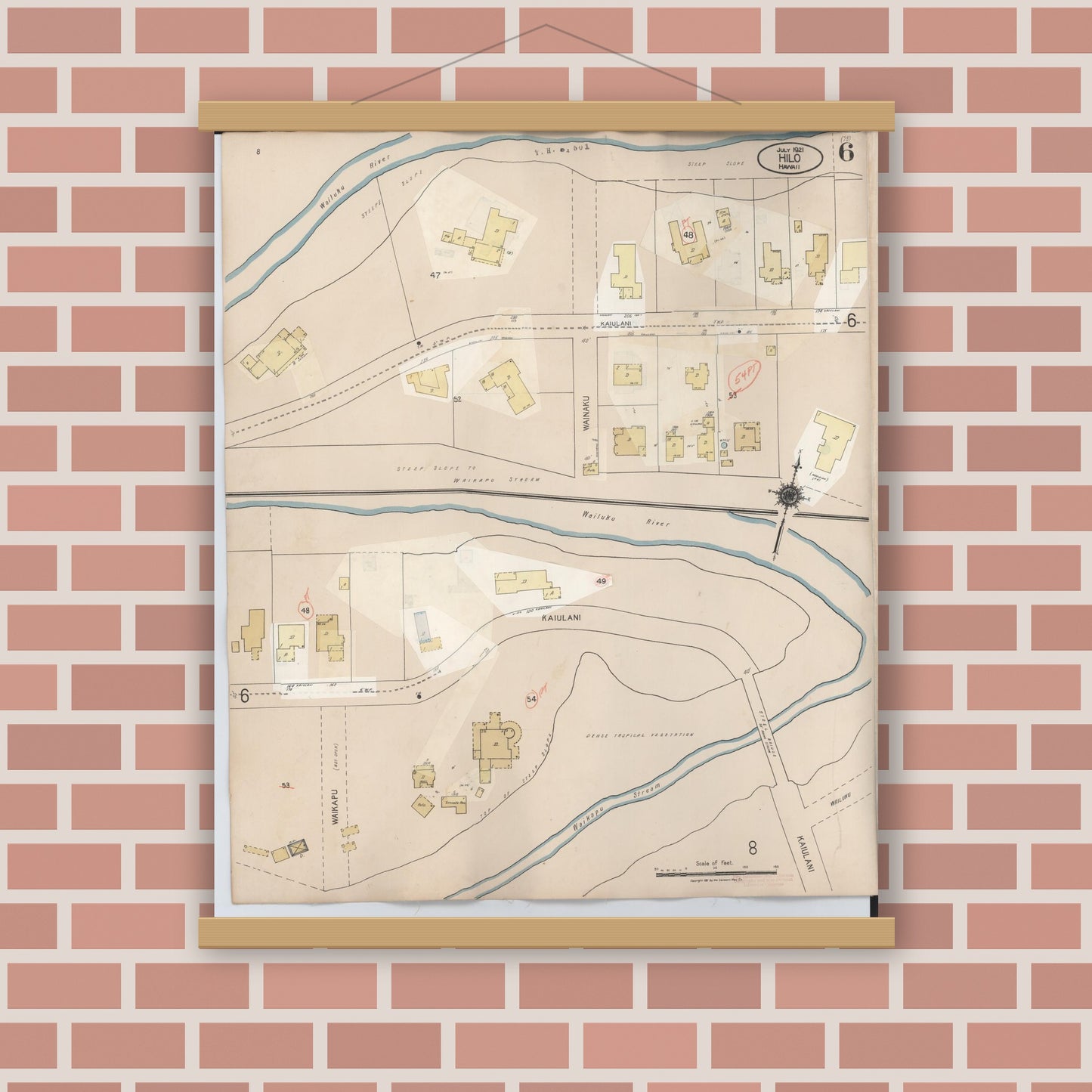 Old map wall art mockup — magnetic wood frame on brick wall — Sanborn Fire Insurance Map from Hilo, Hawaii County, Hawaii (1957), Sheet #0006