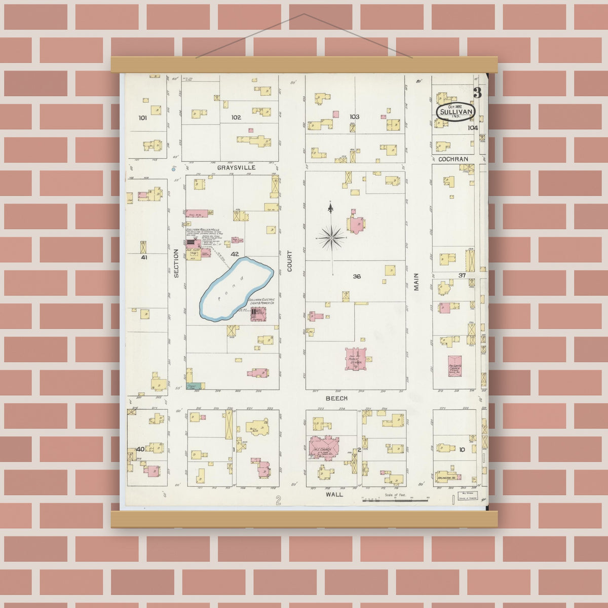Old map wall art mockup — magnetic wood frame on brick wall — Sanborn Fire Insurance Map from Sullivan, Sullivan County, Indiana (1892), Sheet #0003