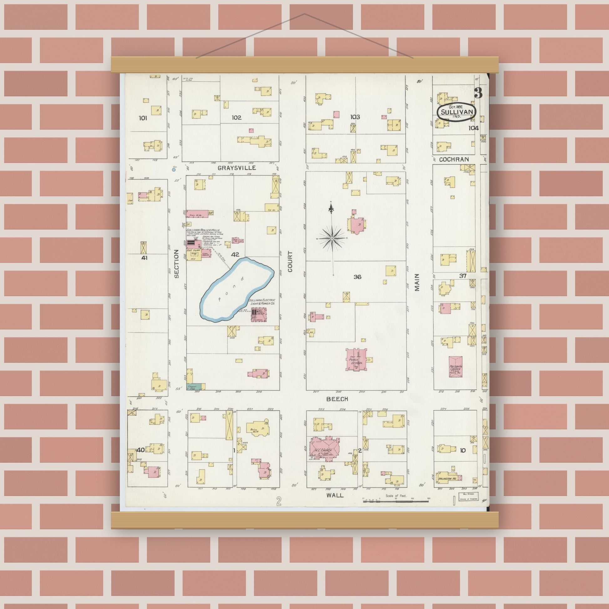 Old map wall art mockup — magnetic wood frame on brick wall — Sanborn Fire Insurance Map from Sullivan, Sullivan County, Indiana (1892), Sheet #0003