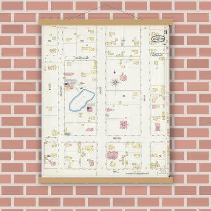 Old map wall art mockup — magnetic wood frame on brick wall — Sanborn Fire Insurance Map from Sullivan, Sullivan County, Indiana (1892), Sheet #0003