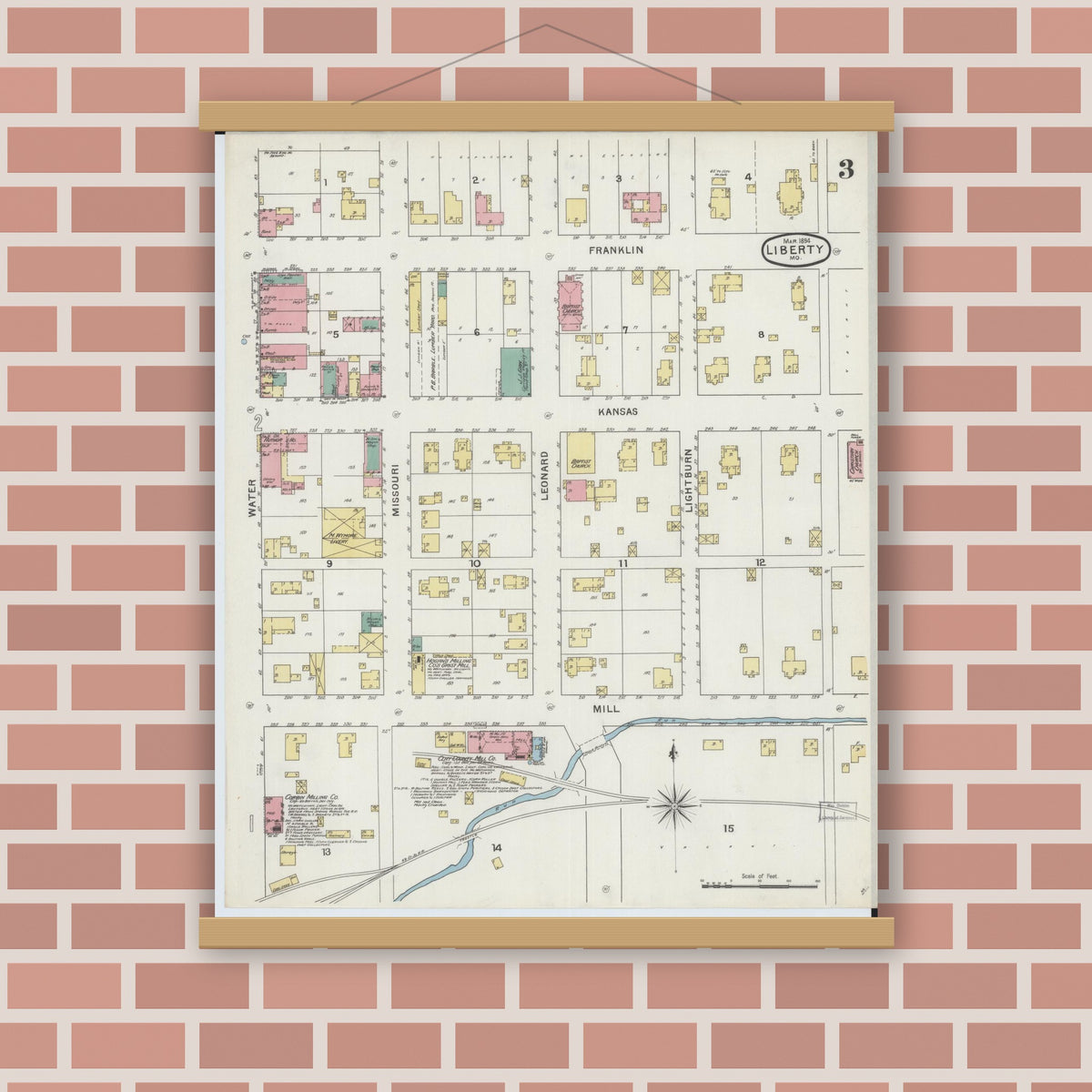 Old map wall art mockup — magnetic wood frame on brick wall — Sanborn Fire Insurance Map from Liberty, Clay County, Missouri (1894), Sheet #0003
