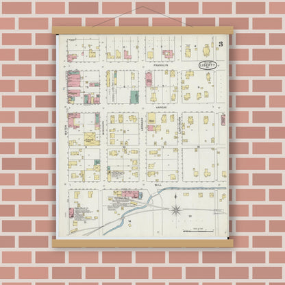 Old map wall art mockup — magnetic wood frame on brick wall — Sanborn Fire Insurance Map from Liberty, Clay County, Missouri (1894), Sheet #0003