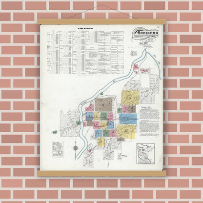 Old map wall art mockup — magnetic wood frame on brick wall — Sanborn Fire Insurance Map from Brainerd, Crow Wing County, Minnesota (1917), Sheet #0001