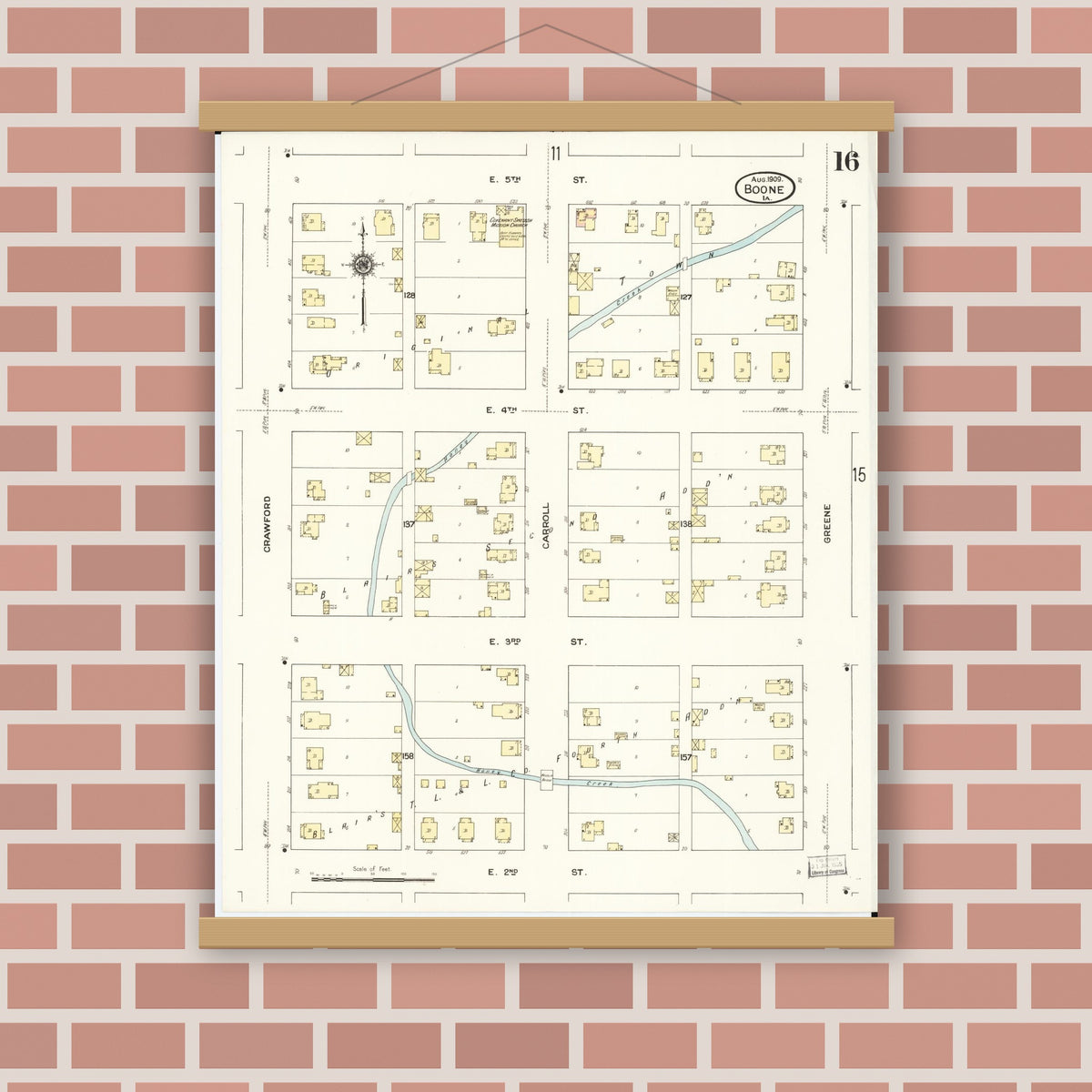 Old map wall art mockup — magnetic wood frame on brick wall — Sanborn Fire Insurance Map from Boone, Boone County, Iowa (1909), Sheet #0016