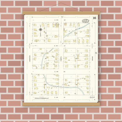 Old map wall art mockup — magnetic wood frame on brick wall — Sanborn Fire Insurance Map from Boone, Boone County, Iowa (1909), Sheet #0016