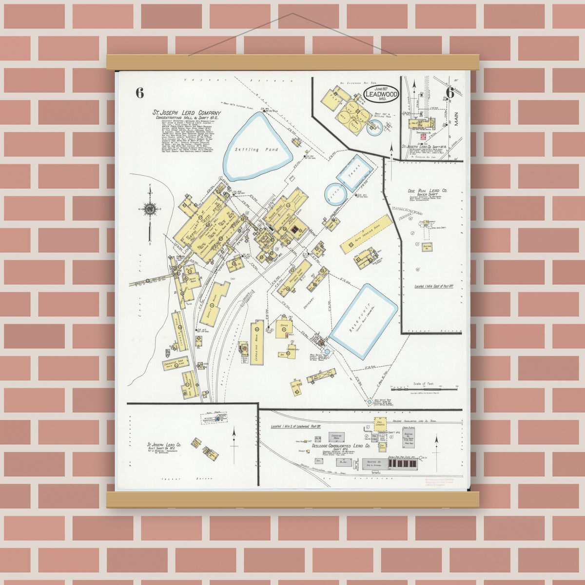 Old map wall art mockup — magnetic wood frame on brick wall — Sanborn Fire Insurance Map from Leadwood, Saint Francois County, Missouri (1927), Sheet #0006