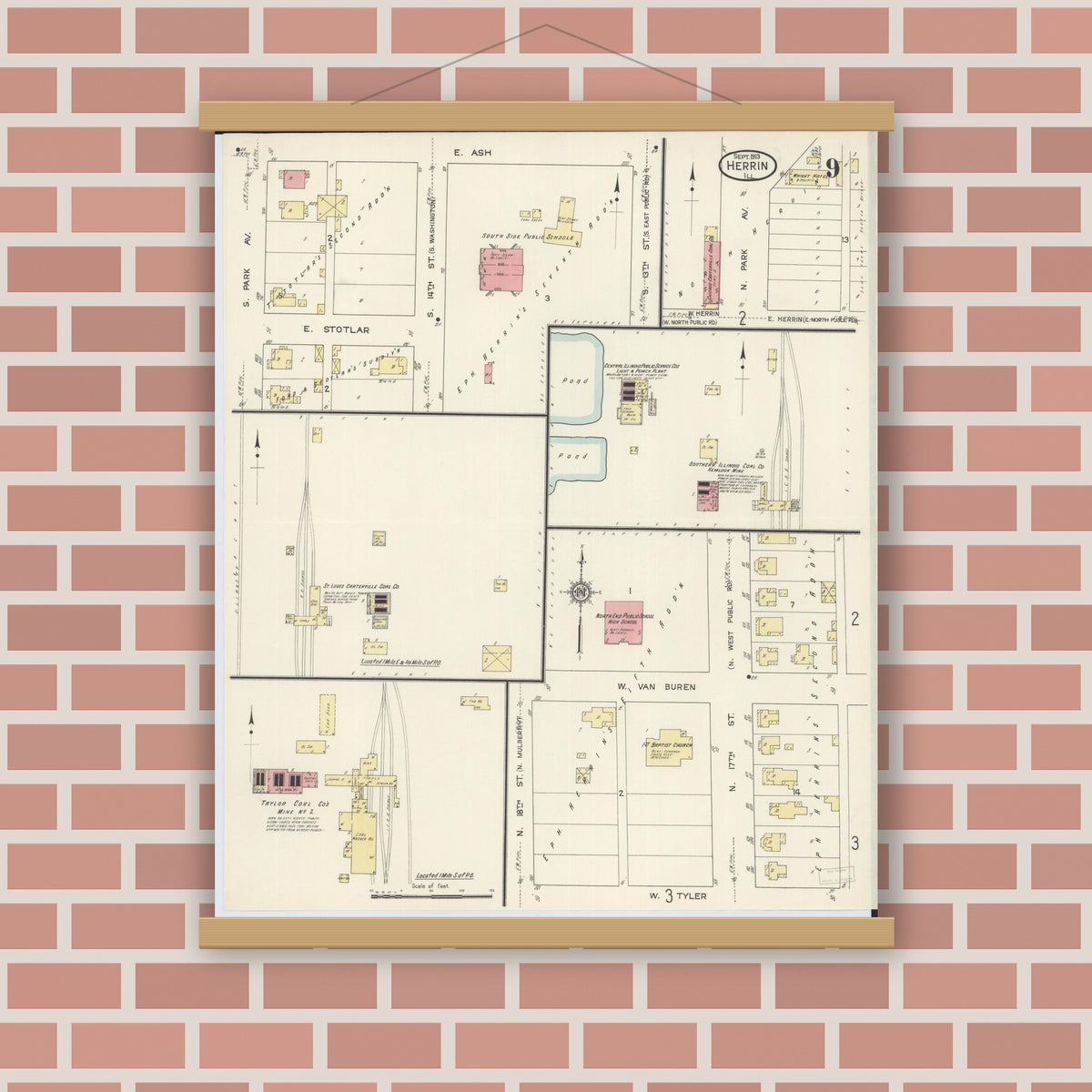 Old map wall art mockup — magnetic wood frame on brick wall — Sanborn Fire Insurance Map from Herrin, Williamson County, Illinois (1913), Sheet #0009