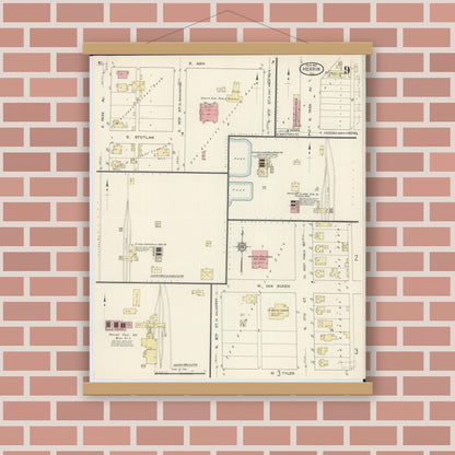 Old map wall art mockup — magnetic wood frame on brick wall — Sanborn Fire Insurance Map from Herrin, Williamson County, Illinois (1913), Sheet #0009