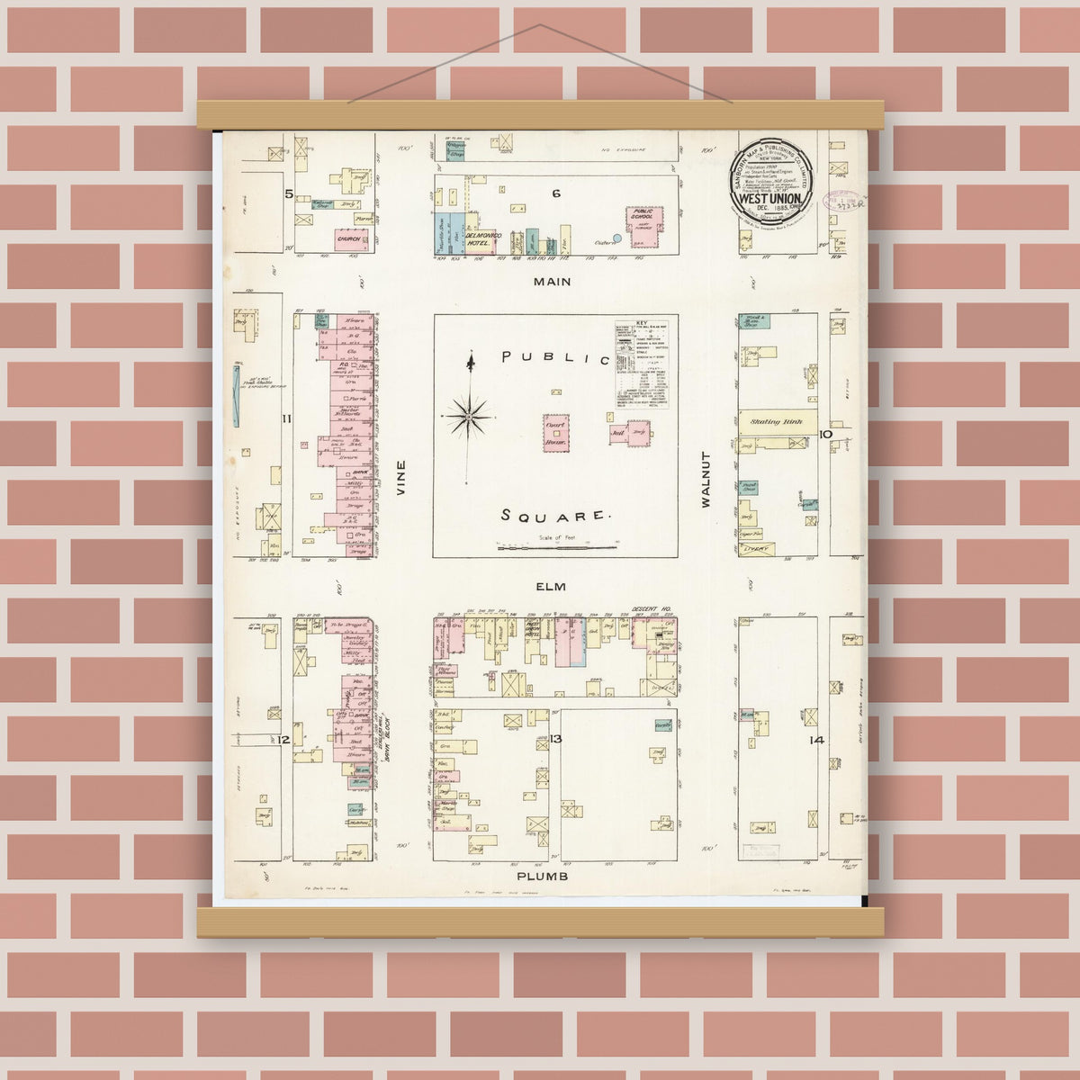 Old map wall art mockup — magnetic wood frame on brick wall — Sanborn Fire Insurance Map from West Union, Fayette County, Iowa (1885), Sheet #0001