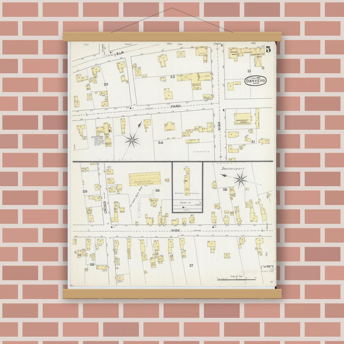 Old map wall art mockup — magnetic wood frame on brick wall — Sanborn Fire Insurance Map from Danvers, Essex County, Massachusetts (1892), Sheet #0005