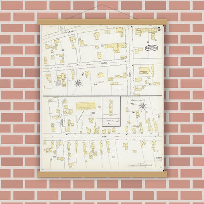 Old map wall art mockup — magnetic wood frame on brick wall — Sanborn Fire Insurance Map from Danvers, Essex County, Massachusetts (1892), Sheet #0005