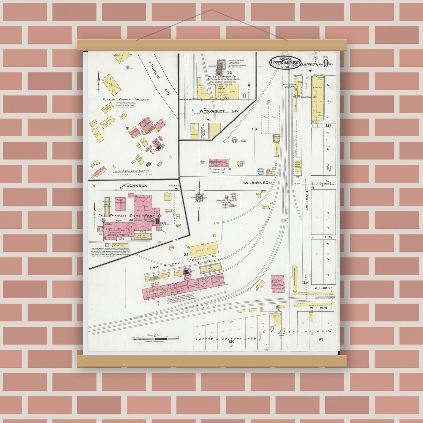 Old map wall art mockup — magnetic wood frame on brick wall — Sanborn Fire Insurance Map from Upper Sandusky, Wyandot County, Ohio (1921), Sheet #0009