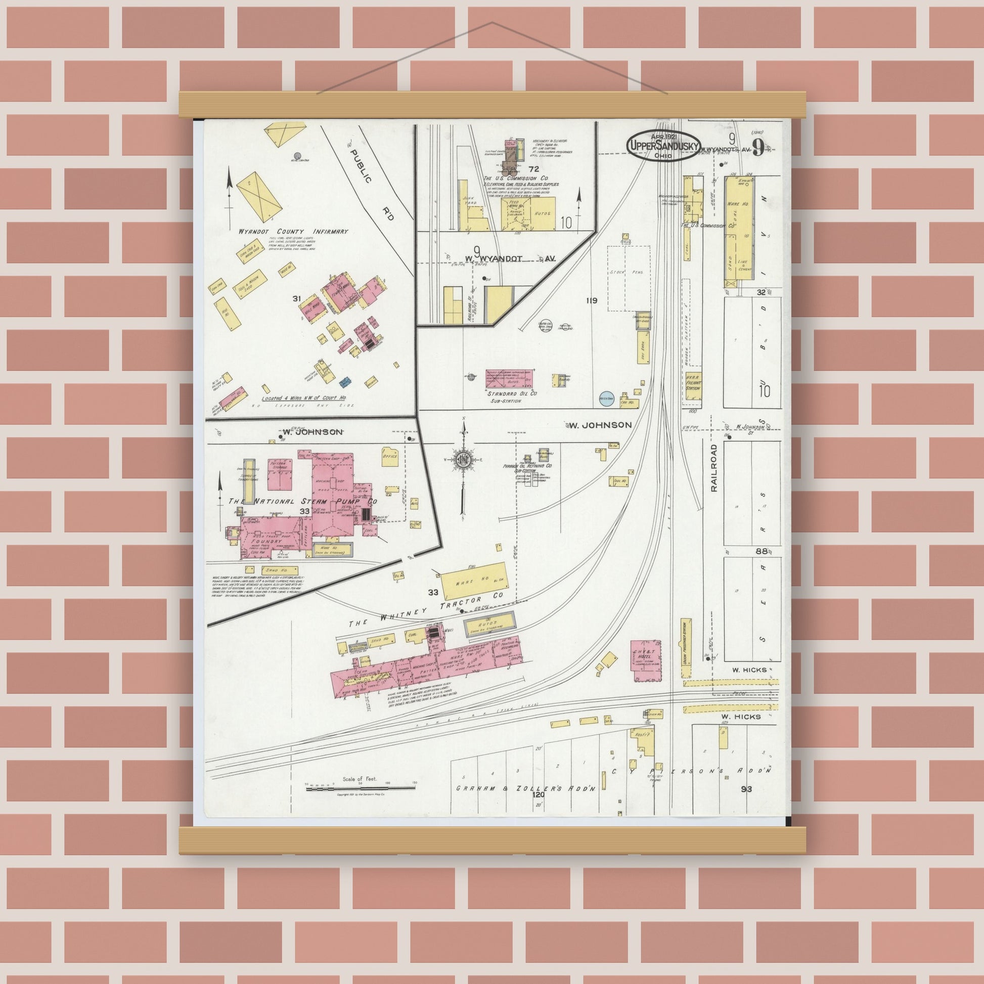 Old map wall art mockup — magnetic wood frame on brick wall — Sanborn Fire Insurance Map from Upper Sandusky, Wyandot County, Ohio (1921), Sheet #0009