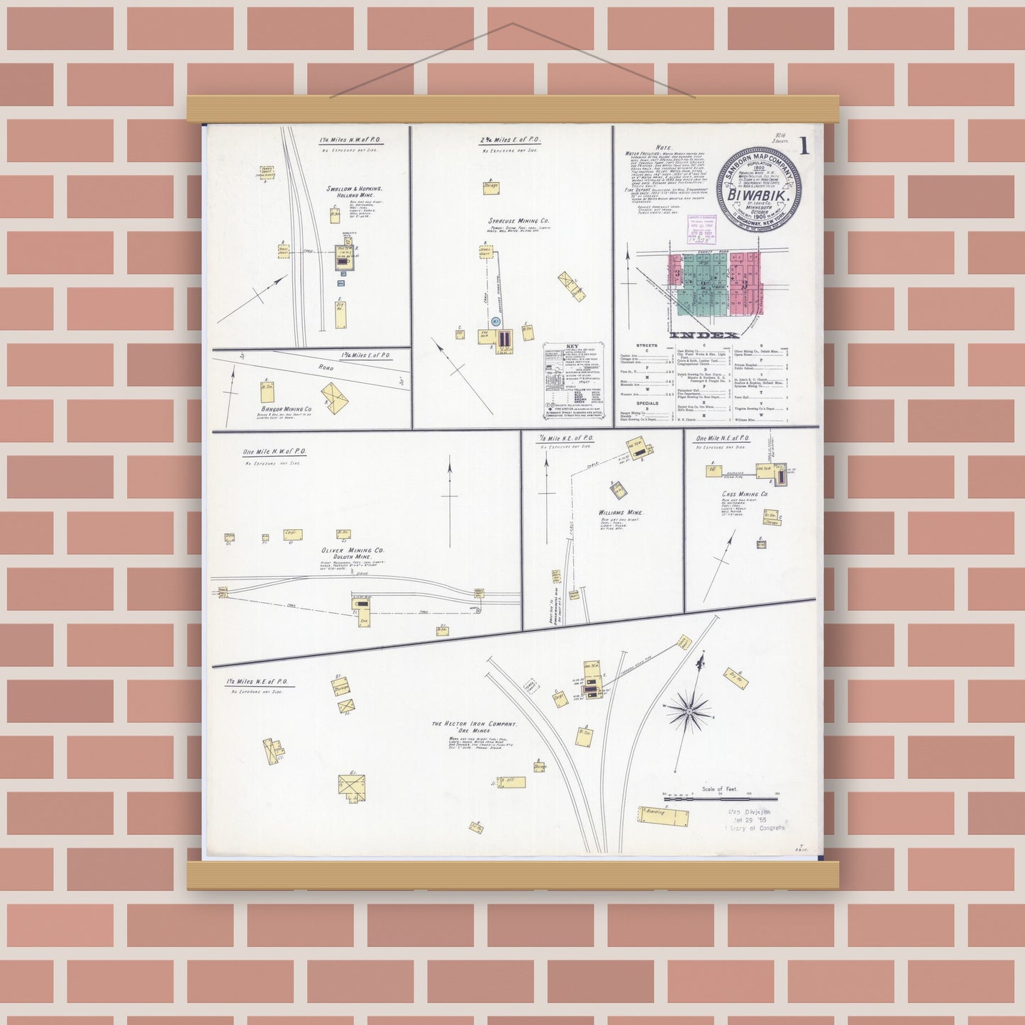 Old map wall art mockup — magnetic wood frame on brick wall — Sanborn Fire Insurance Map from Biwabik, Saint Louis County, Minnesota (1906) - Complete Map Set