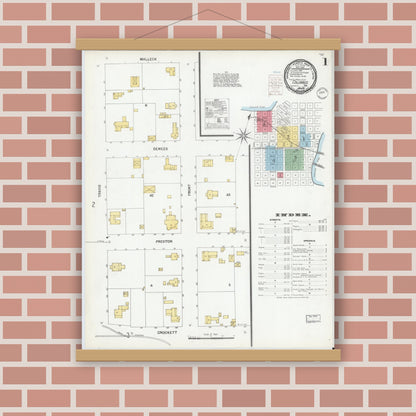 Old map wall art mockup — magnetic wood frame on brick wall — Sanborn Fire Insurance Map from Columbus, Colorado County, Texas (1900), Sheet #0001