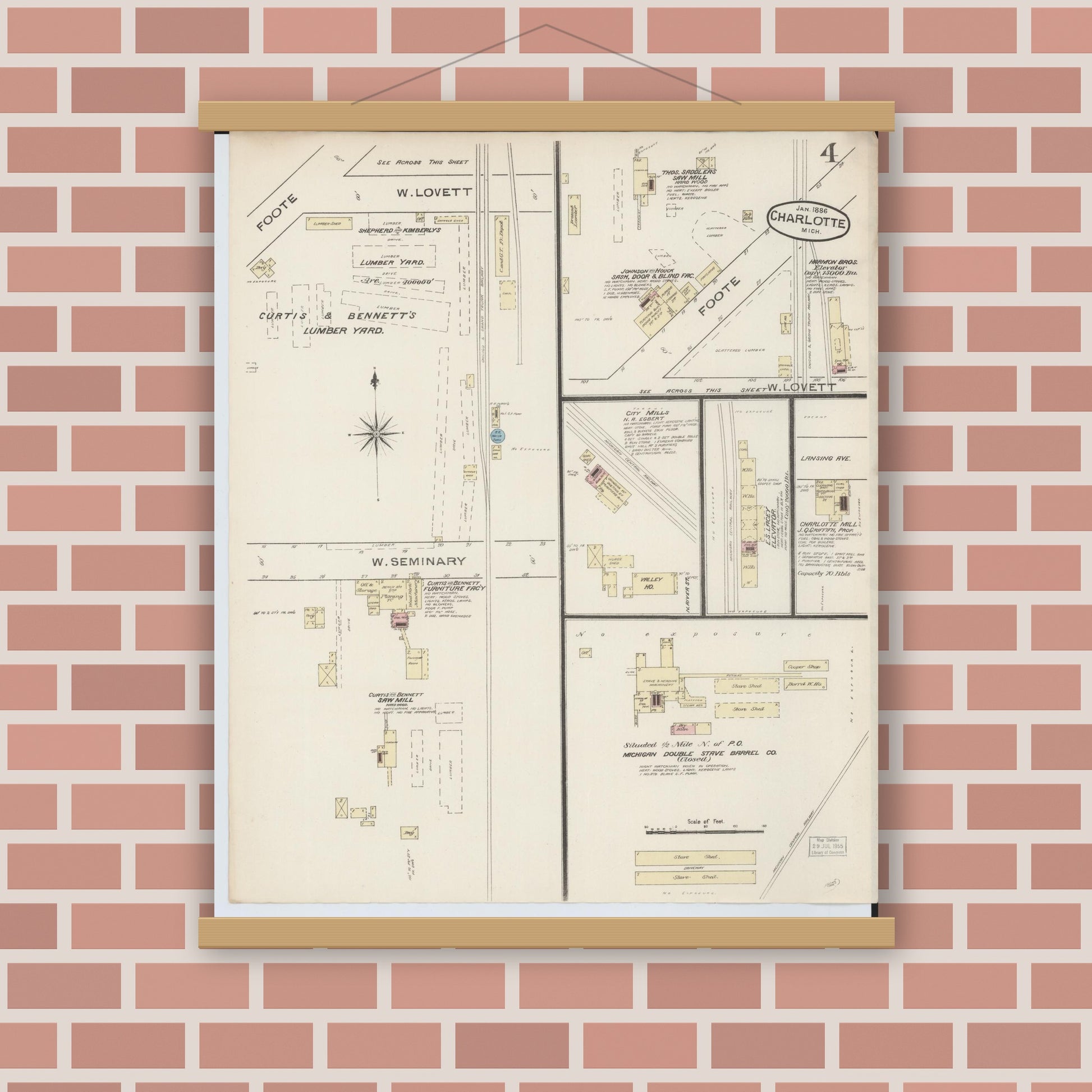 Old map wall art mockup — magnetic wood frame on brick wall — Sanborn Fire Insurance Map from Charlotte, Eaton County, Michigan (1886), Sheet #0004