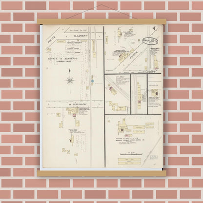 Old map wall art mockup — magnetic wood frame on brick wall — Sanborn Fire Insurance Map from Charlotte, Eaton County, Michigan (1886), Sheet #0004
