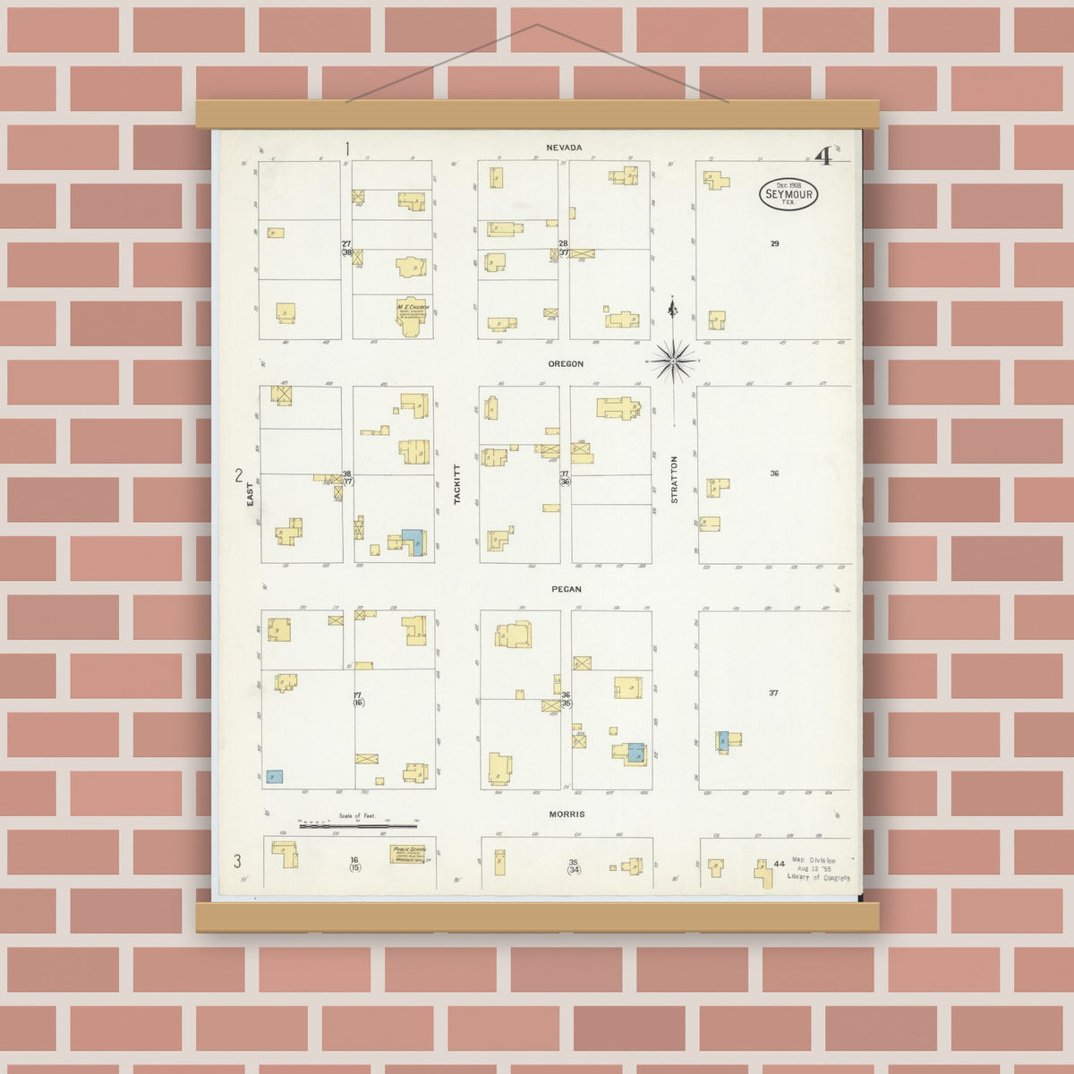 Old map wall art mockup — magnetic wood frame on brick wall — Sanborn Fire Insurance Map from Seymour, Baylor County, Texas (1908), Sheet #0004