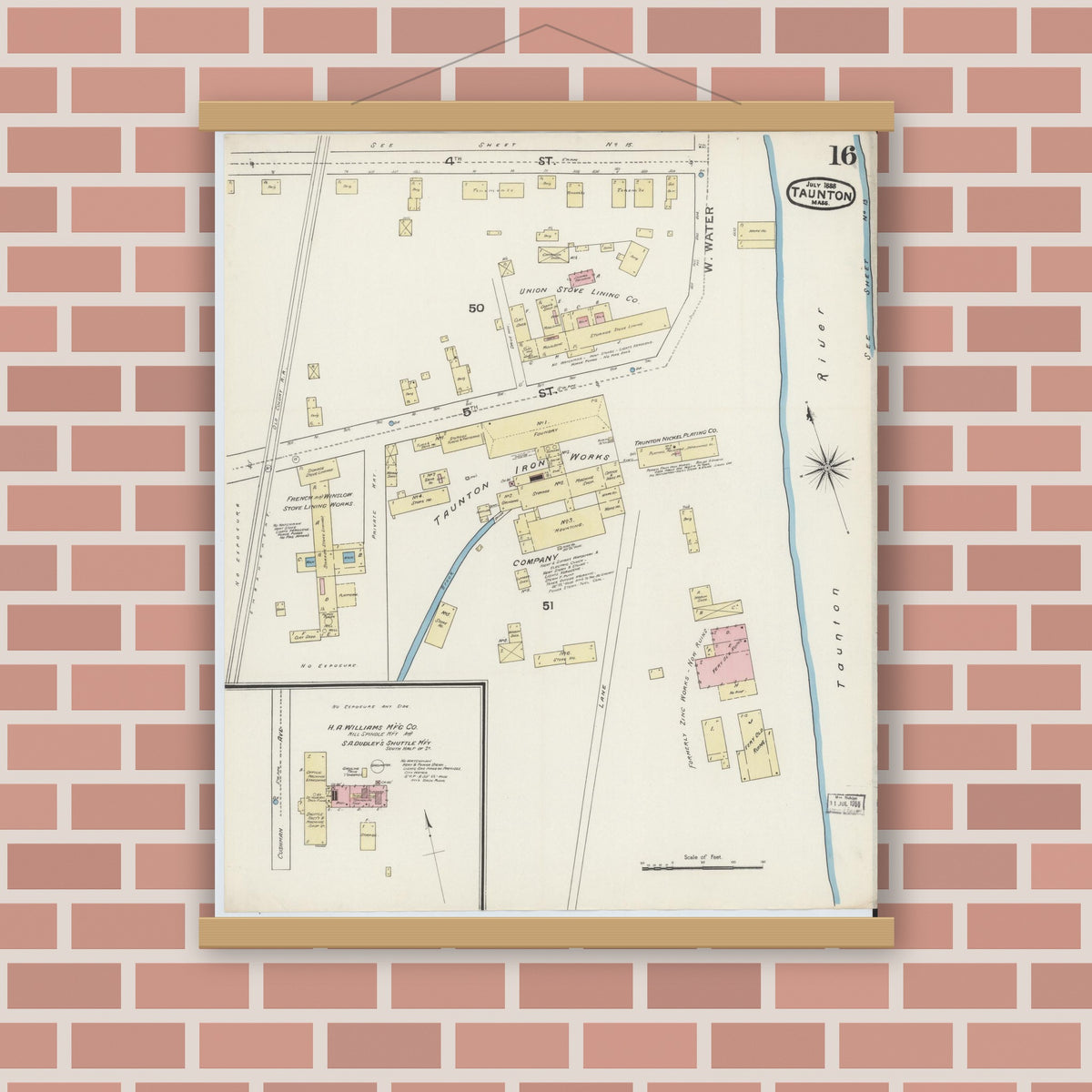 Old map wall art mockup — magnetic wood frame on brick wall — Sanborn Fire Insurance Map from Taunton, Bristol County, Massachusetts (1888), Sheet #0016