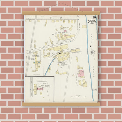 Old map wall art mockup — magnetic wood frame on brick wall — Sanborn Fire Insurance Map from Taunton, Bristol County, Massachusetts (1888), Sheet #0016