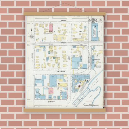 Old map wall art mockup — magnetic wood frame on brick wall — Sanborn Fire Insurance Map from Lockport, Niagara County, New York (1892), Sheet #0003