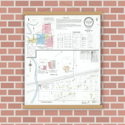 Old map wall art mockup — magnetic wood frame on brick wall — Sanborn Fire Insurance Map from Stryker, Williams County, Ohio (1951), Sheet #0001