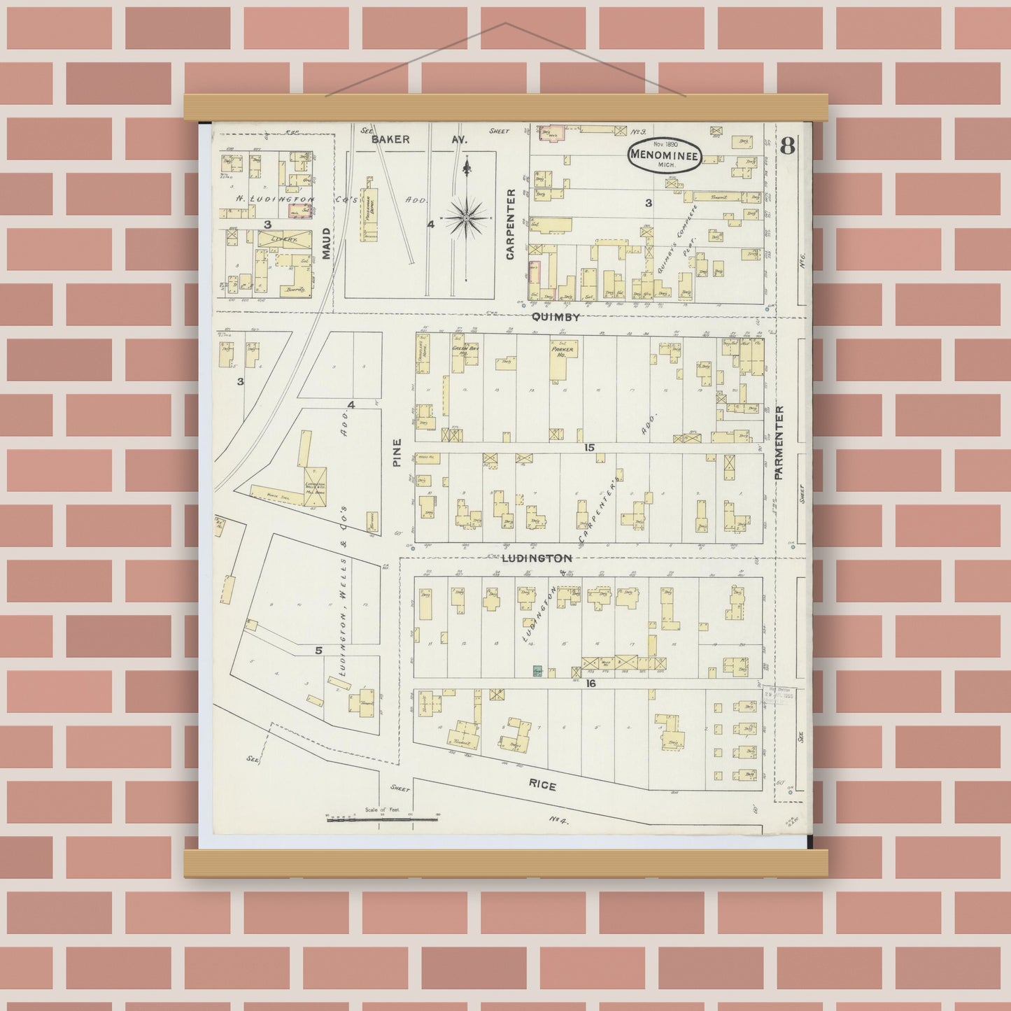Old map wall art mockup — magnetic wood frame on brick wall — Sanborn Fire Insurance Map from Menominee, Menominee County, Michigan (1890), Sheet #0008