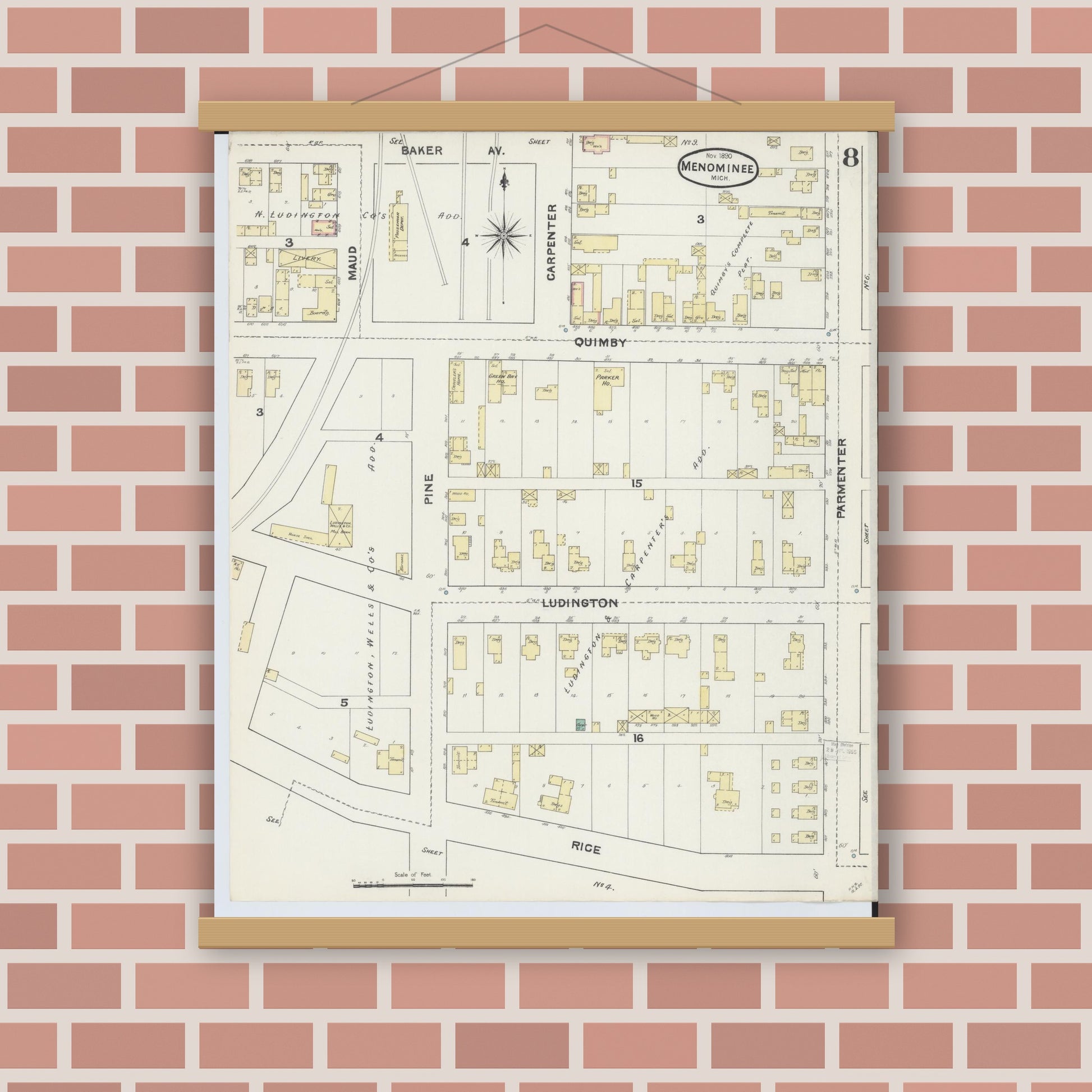 Old map wall art mockup — magnetic wood frame on brick wall — Sanborn Fire Insurance Map from Menominee, Menominee County, Michigan (1890), Sheet #0008