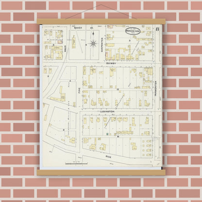 Old map wall art mockup — magnetic wood frame on brick wall — Sanborn Fire Insurance Map from Menominee, Menominee County, Michigan (1890), Sheet #0008